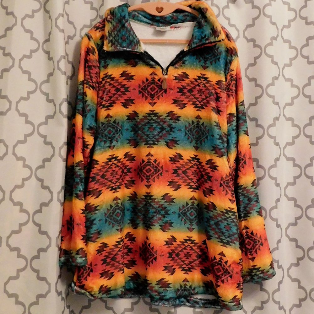 Cactus Babes Aztez Print 3/4 Zip Plush Pullover Sweatshirt- M/L (NWOT)